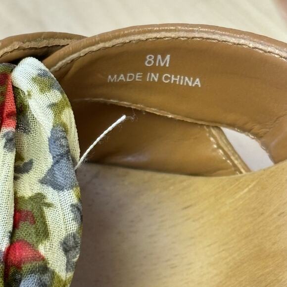 Wooden Ankle Strap Heels Floral Fabric Bow Rivets W8 - Picture 2 of 9